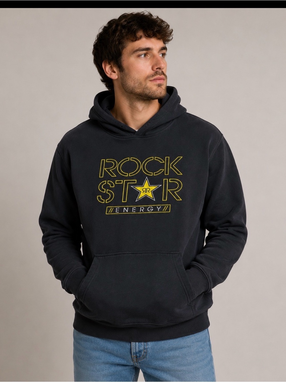 Men's Rockstar Hoodie Rock Star graphic spell out hoodie black gold star SZ XL
